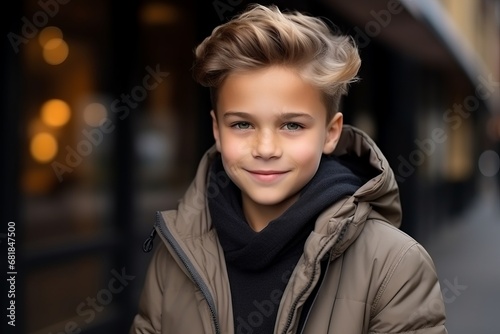 portrait of a cute young boy in a coat on the street