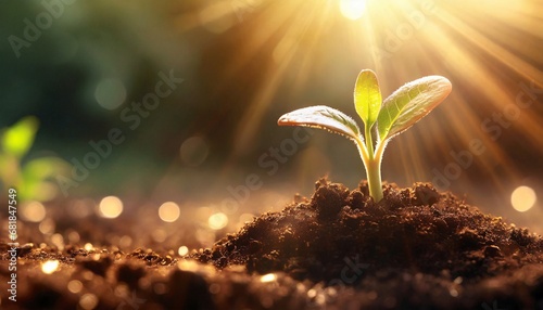 Seedling growing from rich soil to morning sunlight shining ecology concept.