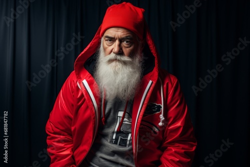 Portrait of senior man with long white beard wearing red jacket and hoodie against curtain