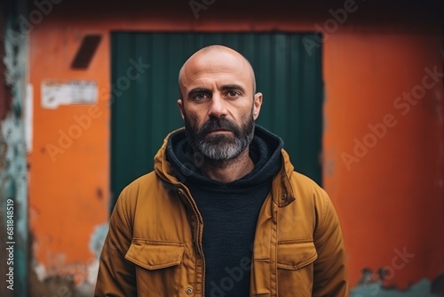 Portrait of a bearded man standing in front of a garage door © Iigo