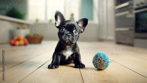 Small Cute Black French Puppy Bulldog Or Frenchies Sits On Floor At Kitchen. Adorable Curious Pet With Dog Ball Toy. Full Length. Ai Generated. Horizontal Plane. photo