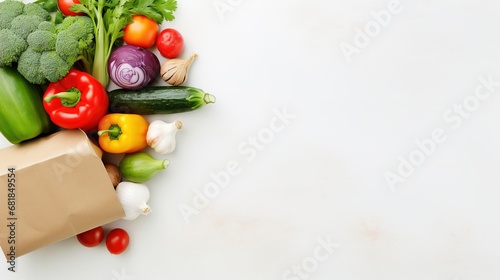 Delivery healthy food background. Healthy vegan vegetarian food in paper bag vegetables and fruits on white, copy space, banner. Shopping food supermarket and clean vegan eating.