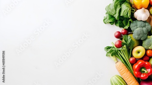 Delivery healthy food background. Healthy vegan vegetarian food in paper bag vegetables and fruits on white  copy space  banner. Shopping food supermarket and clean vegan eating.