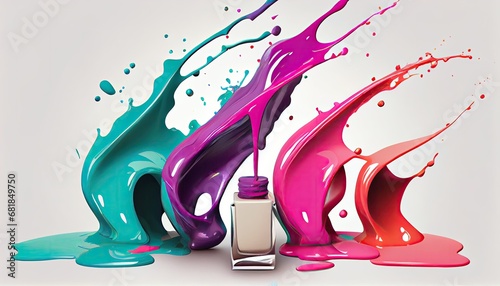 Fotografiet Colorful nail polish lacquer paint Splash white background 3d illustration care