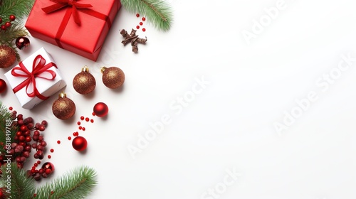Christmas composition. Gifts, fir tree branches, red decorations on white background. Christmas, winter, new year concept. Flat lay, top view, copy space.