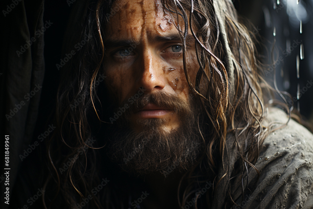 Portrait of Jesus Christ, savior of mankind, son of god, god, bible religion. Christianity, Old Testament Messiah who became the atoning sacrifice for the sins of men. Gospels, New Testament.