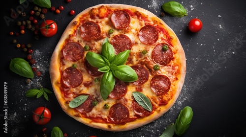 Top view of a mouthwatering pepperoni pizza surrounded by cooking ingredients like tomatoes and basil on a stylish black concrete background. A tempting display of hot and flavorful pepperoni pizza.