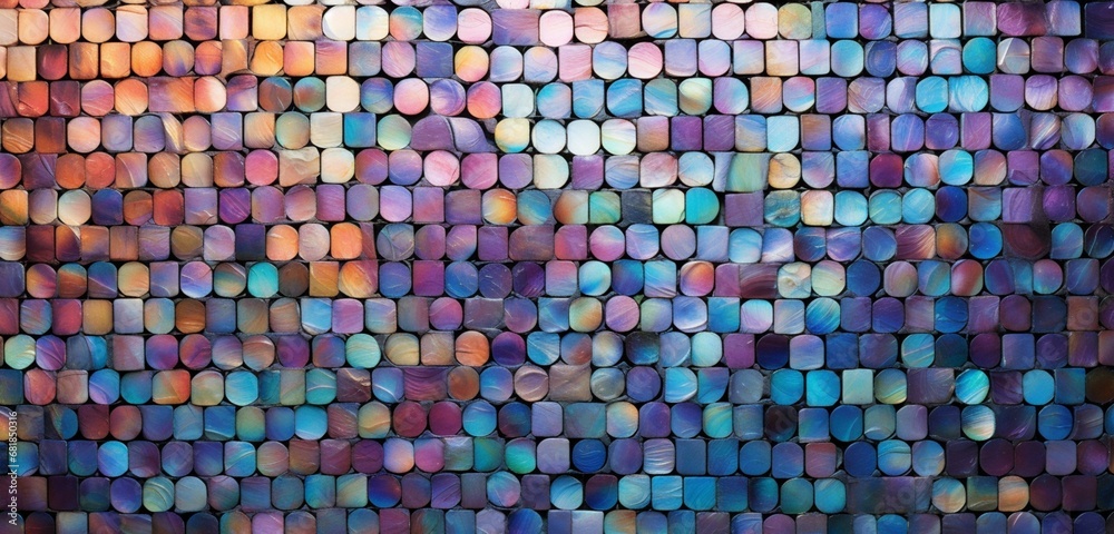 A mosaic tile wall with iridescent colors.