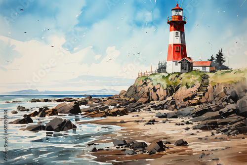 Landscape with Coastal Lighthouse. Generative AI