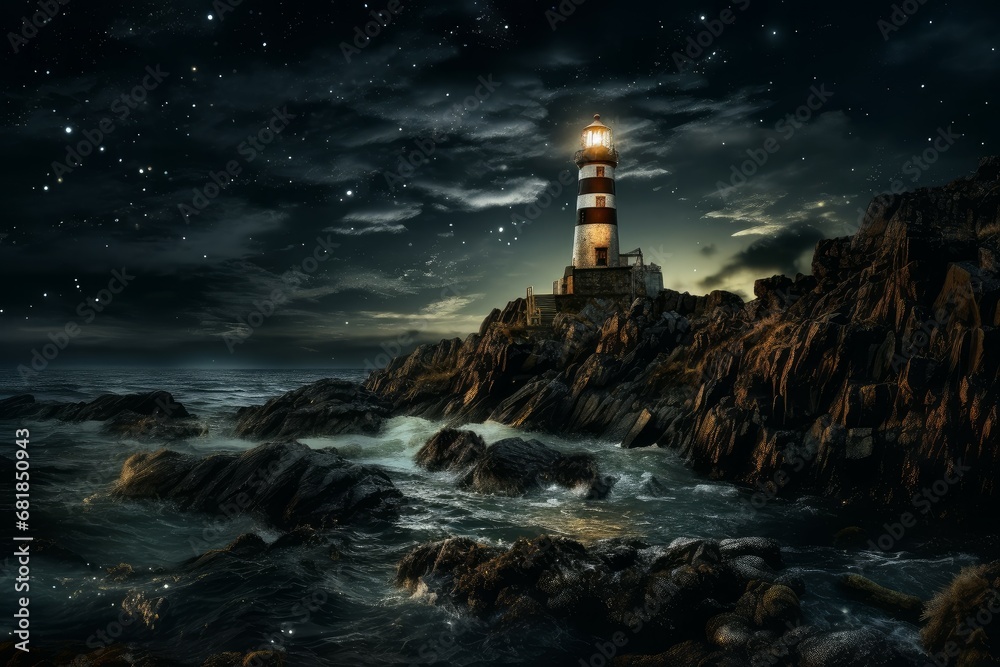 Illuminated lighthouse. Ocean light coastline. Generate Ai
