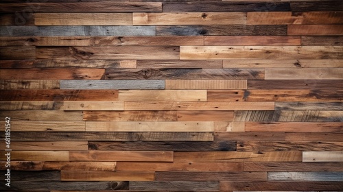 A rustic, reclaimed wood panel wall in various natural shades photo