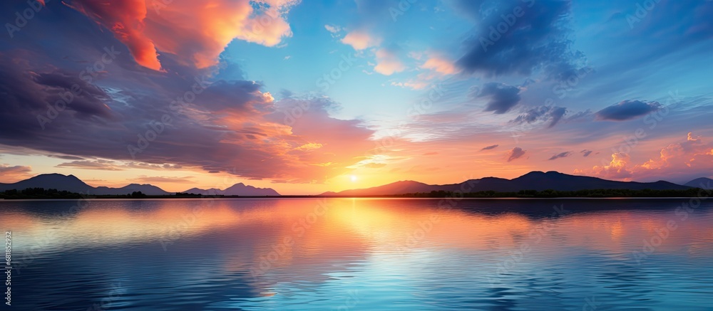 As the sun sets, casting a warm glow over the sky, the breathtaking landscape of the natural lake unfolds, with crystal blue waters reflecting the clouds, creating a stunning and beautiful summer