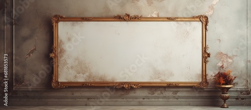 In the vintage art frame hung on the white wall of the isolated building, a mesmerizing portrait painting showcases intricate baroque ornaments against a backdrop of retro marble architecture photo