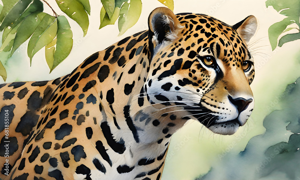 Naklejka premium Jaguar Watercolor Animal Painting Artwork Illustration Wild Postcard Digital Art Banner Website Flyer Ads Gift Card Template