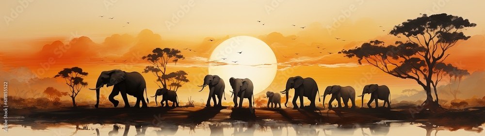 Elephants Crossing the Serene River at Sunset