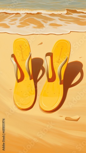 A pair of fashionable flip-flops left casually on the warm, sunlit sand, with the foamy edges of waves approaching them, set against a bright yellow background.