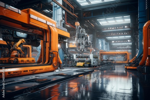 Cavernous Industrial hall. Machinery worker plant. Generate Ai © juliars