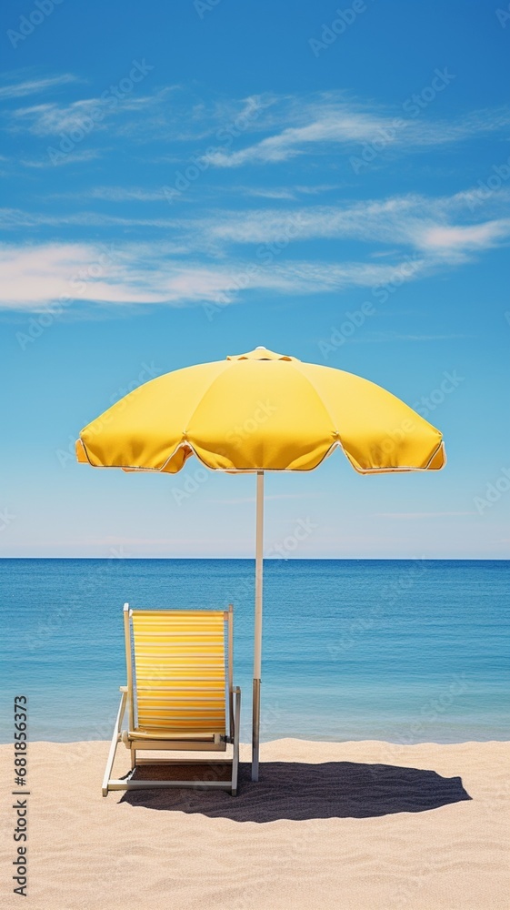 A chic, empty beach chair facing the sea, with a bright yellow parasol providing shade, set against a backdrop of clear blue sky and vibrant yellow light.