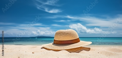 A stylish  wide-brimmed sun hat resting on a tropical beach  with a background of azure ocean waters and a clear  bright sky. The hat casts a delicate shadow on the smooth sand.