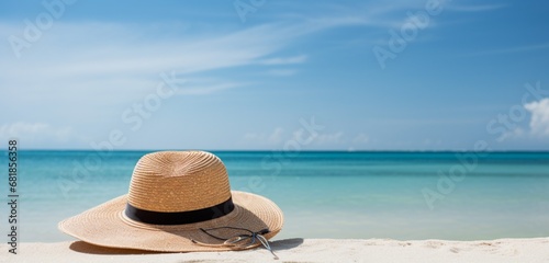 A stylish  wide-brimmed sun hat resting on a tropical beach  with a background of azure ocean waters and a clear  bright sky. The hat casts a delicate shadow on the smooth sand.