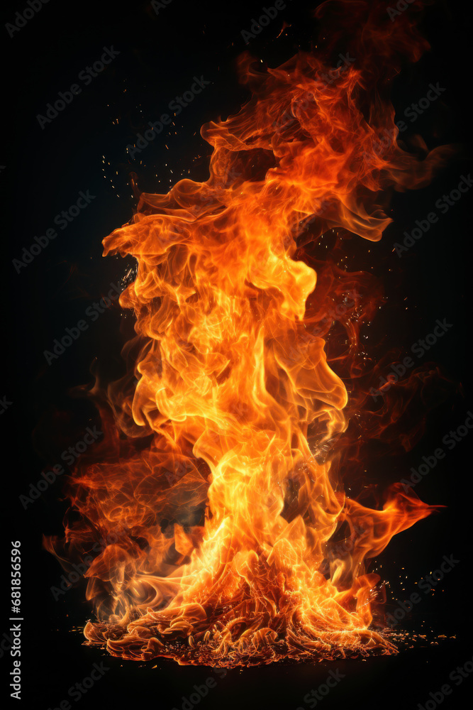 Abstract fire and smoke at night, vertical view of bonfire or burning fuel isolated on black background. Concept of flame, pattern, texture, nature, campfire, fireplace, torch
