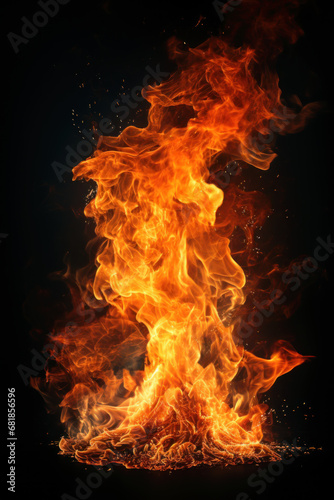 Abstract fire and smoke at night, vertical view of bonfire or burning fuel isolated on black background. Concept of flame, pattern, texture, nature, campfire, fireplace, torch