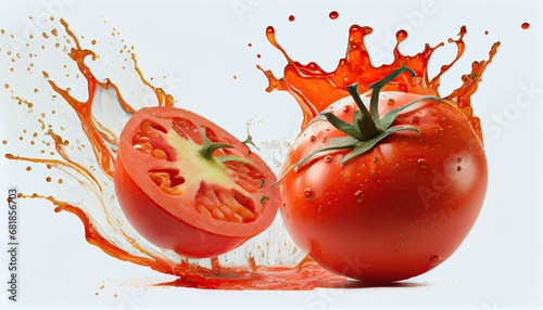 Red Tomato Sliced Splashing juice sauce Isolated white background Clipping path tomatoes ketchup splash liquid drink healthy beverage fresh motion fruit natural food vegetable vitamin pouring