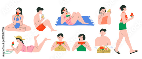 Relaxing in Summer on the Beach. Illustration of Drinking coconut in beach blanket, eating watermelon, swim.