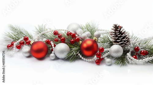 Christmas decoration with fir branches  balls and beads isolated on white background. Merry Christmas and Happy New Year concept.  