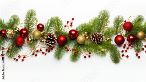 Christmas background with fir branches, red balls and cones on a white background. Merry Christmas and Happy New Year concept. 