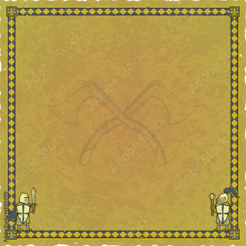 Green Parchment with Medieval Knights, Ornate Frame, Crossed Throwing Axes