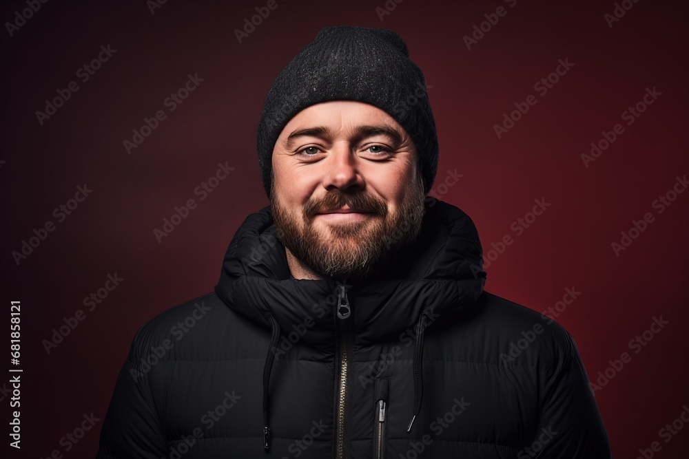 Fat bearded man in a warm hat and jacket on a dark red background. Fat bearded man in a warm hat and jacket on a dark red background.