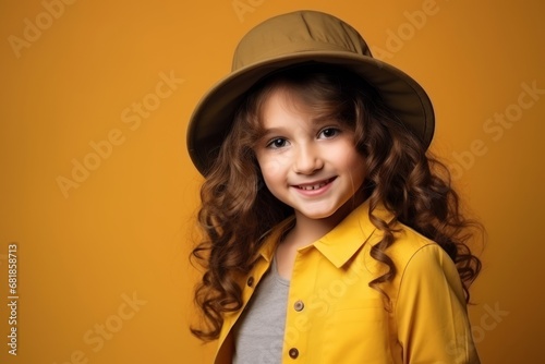 Portrait of a cute little girl in a hat on a yellow background © Iigo