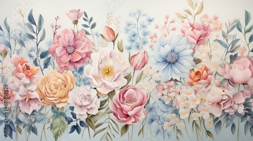 A wall with an artistic, watercolor floral pattern in soft pastels