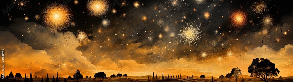 Enchanting Night Sky with Diverse Fireworks Illuminating the Landscape Enchanting Night Sky with Diverse Fireworks Illuminating the Landscape