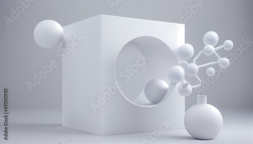 White cube box molecule wall splay podium mockup background cosmetic product stand 3d rendering molecular modern racked display design blank template empty three-dimensional illustration object photo