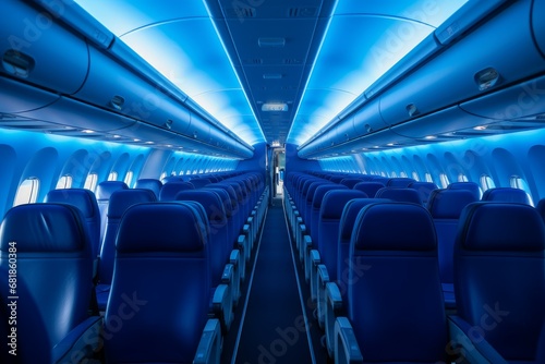 Desolate Empty aircraft blue interior light. People chair. Generate Ai