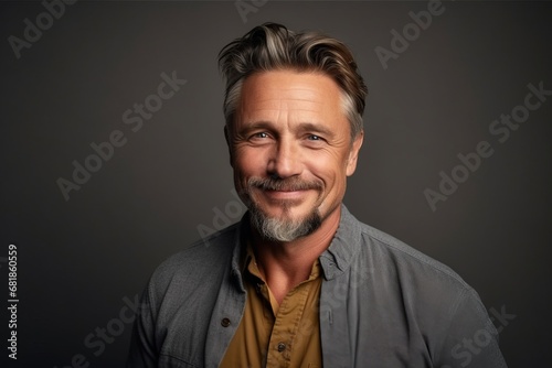 Portrait of a handsome middle-aged man over grey background.