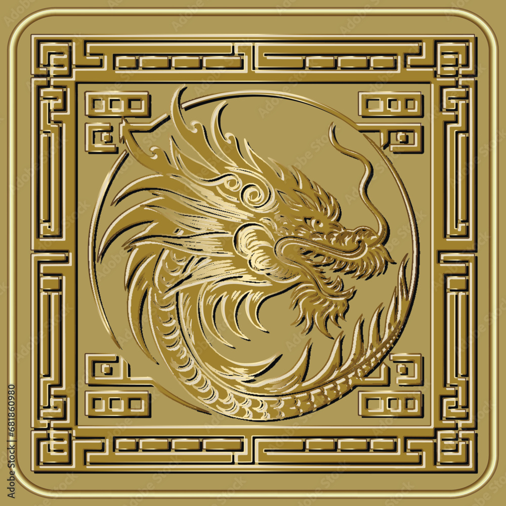 Ornamental gold emboss 3d chinese dragon with golden outlines and