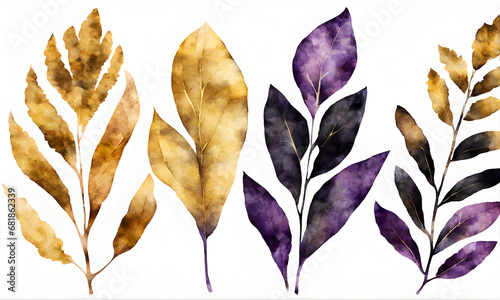 Watercolor Leaves Gold Painting Background Illustration Postcard Digital Artwork Banner Website Flyer Ads Gift Card Template