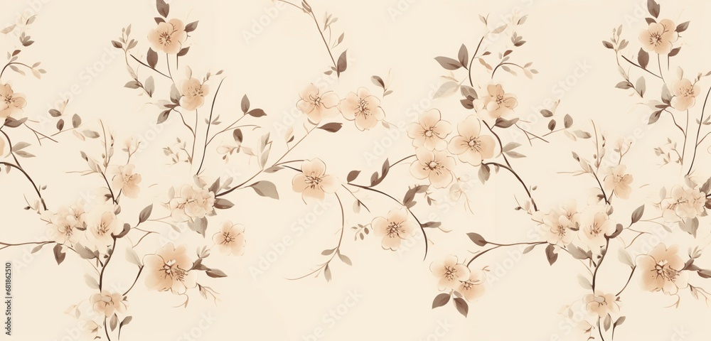 A beige wallpaper with a subtle floral pattern.