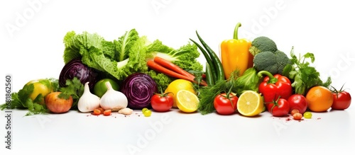 In the pristine, isolated white background, a beautiful arrangement of colorful vegetables was set up - a harmonious blend of nature's bounty and healthy lifestyles, reflecting the nutritious essence
