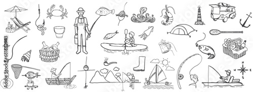 fishing vector illustration. Rods and fish icons. Design elements for logo, label, emblem, sign, badge. Vector illustration. 