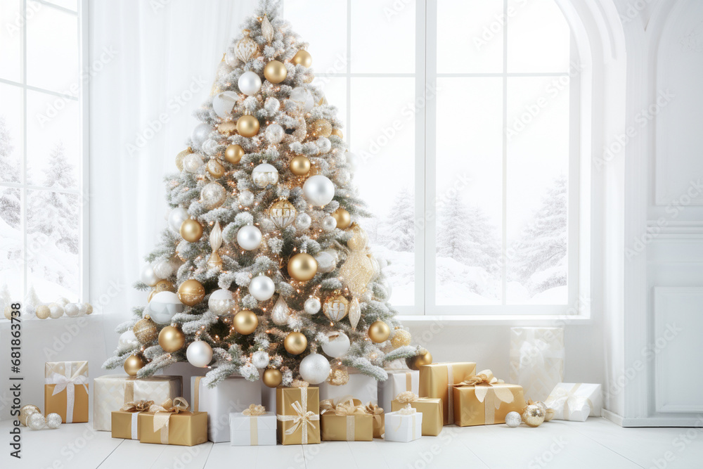 Big beautiful christmas tree decorated with beautiful shiny baubles and many different presents on white wooden floor