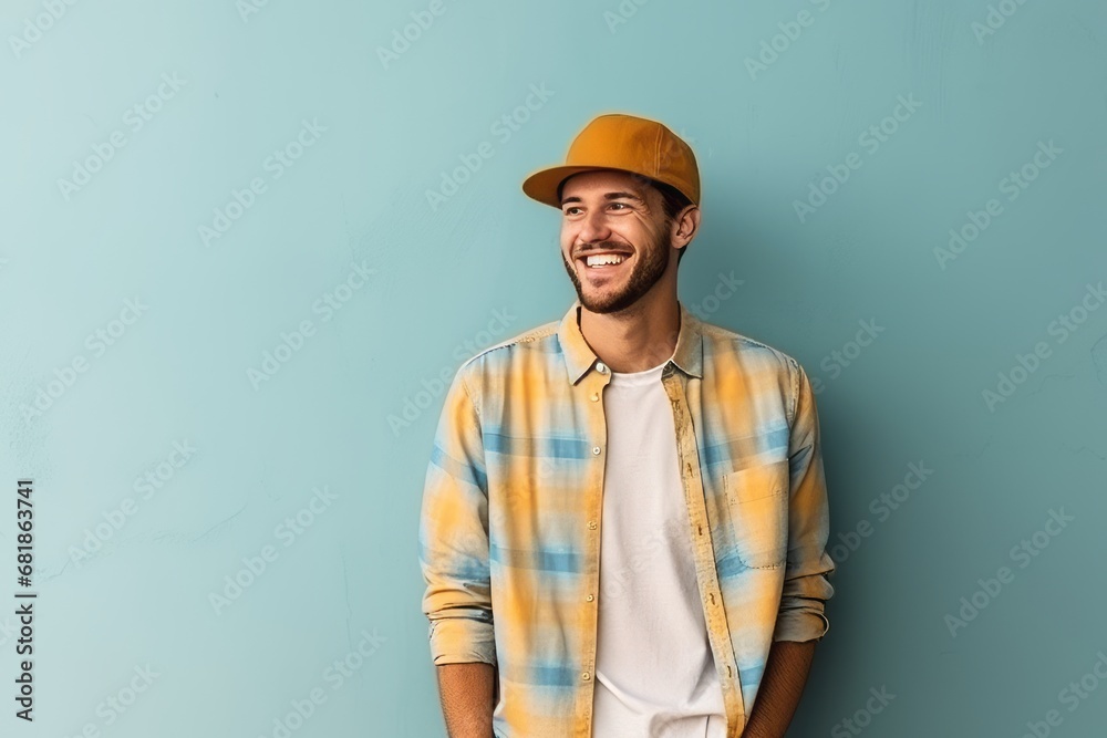 Handsome young man with yellow hat smiling over blue wall background