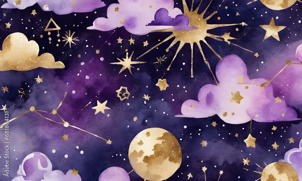 Cute Watercolor Kids Night Sky Painting Golden Stars Background Illustration Postcard Artwork Banner Flyer Ads Gift Card Template