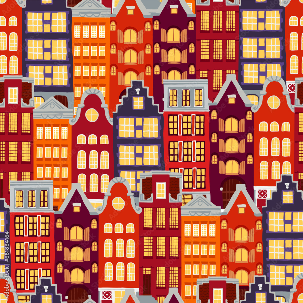 Old Dutch houses seamless pattern. Colorful seamless vector background with Holland national houses. Houses Netherlands.