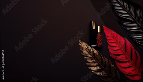 Red golden black Nail polish luxury leaf background top view copy space Minimal trendy 2020 Cosmetics concept glamour glasses gloss gold hygiene idea lacquer manicure accessory beauty bottle tree photo