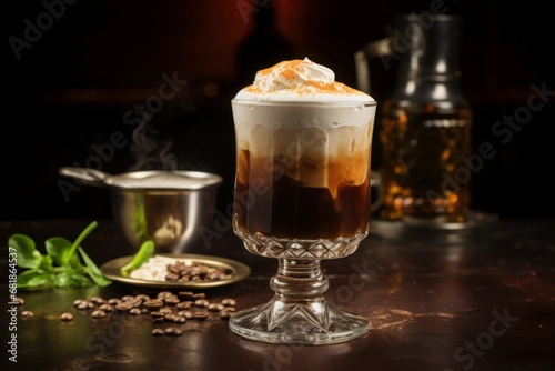 Warm Irish coffee beverage. Cup drink mug. Generate Ai