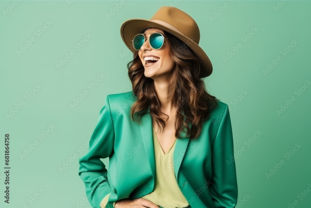 Portrait of happy smiling young woman in sunglasses and hat, over green background Portrait of happy smiling young woman in sunglasses and hat, over green background